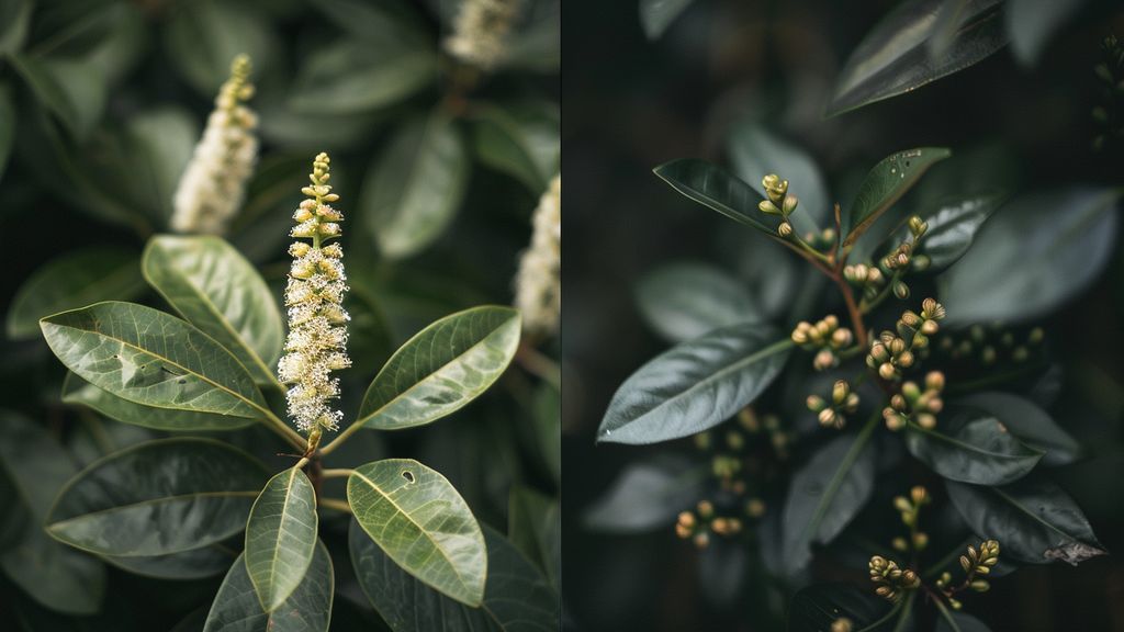 A comparison of laurel plants in different climates, one with flowers and one without.