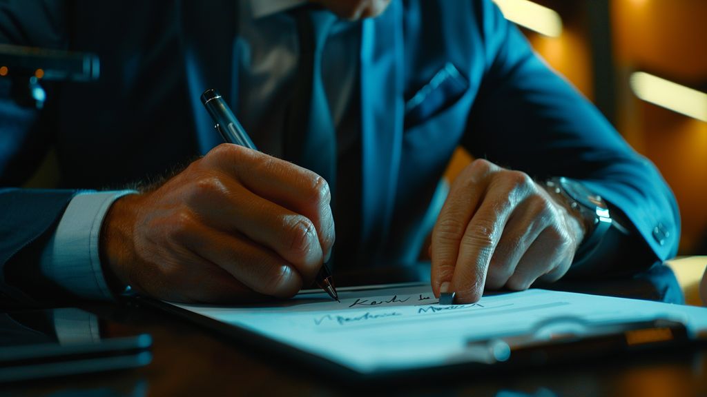 Businessman using a digital signature on a tablet for contract approval.