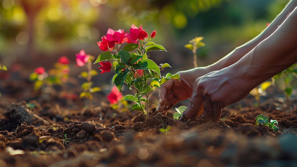 Hands planting various bougainvillea varieties in different ecofriendly environments.