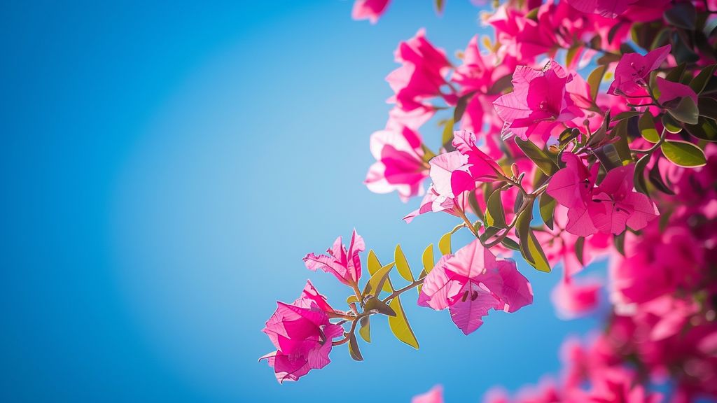 Bougainvillea plant thriving in a Mediterranean environment with bright blue skies.