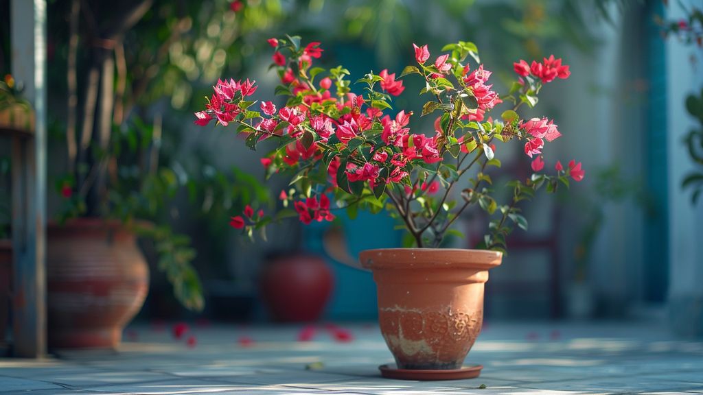 Freshly repotted bougainvillea plant thriving in a spacious pot on a patio.