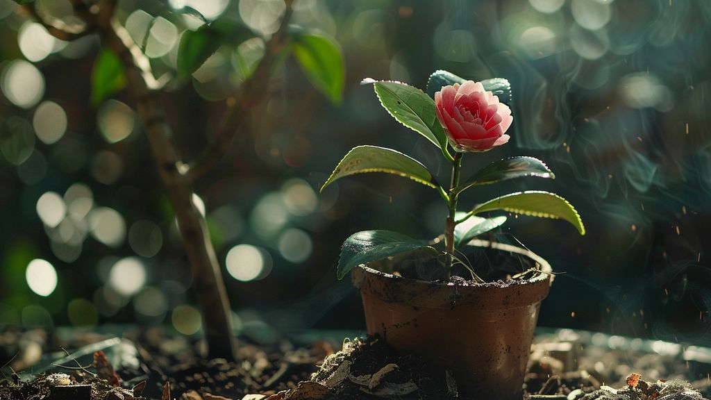 Camellia plant in a welldrained potting mix with pine bark.