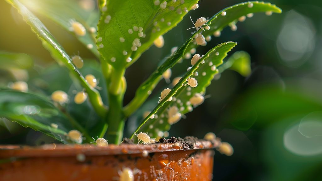 Closeup of white mealybugs on a camellia plant in a pot.