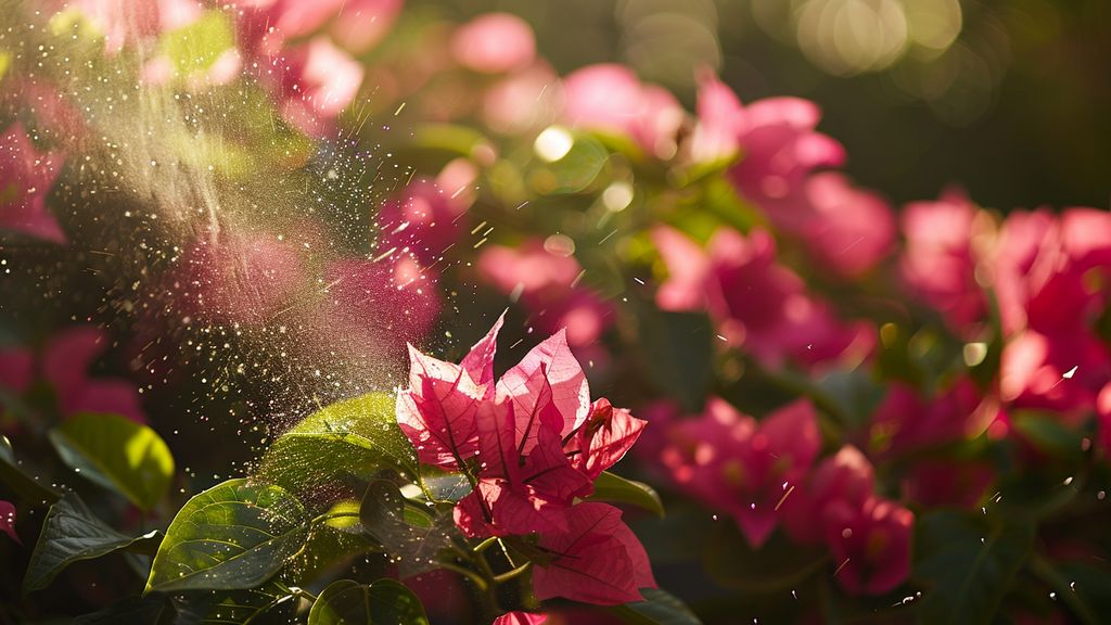 Closeup of a bougainvillea plant being sprayed with organic insecticidal soap.