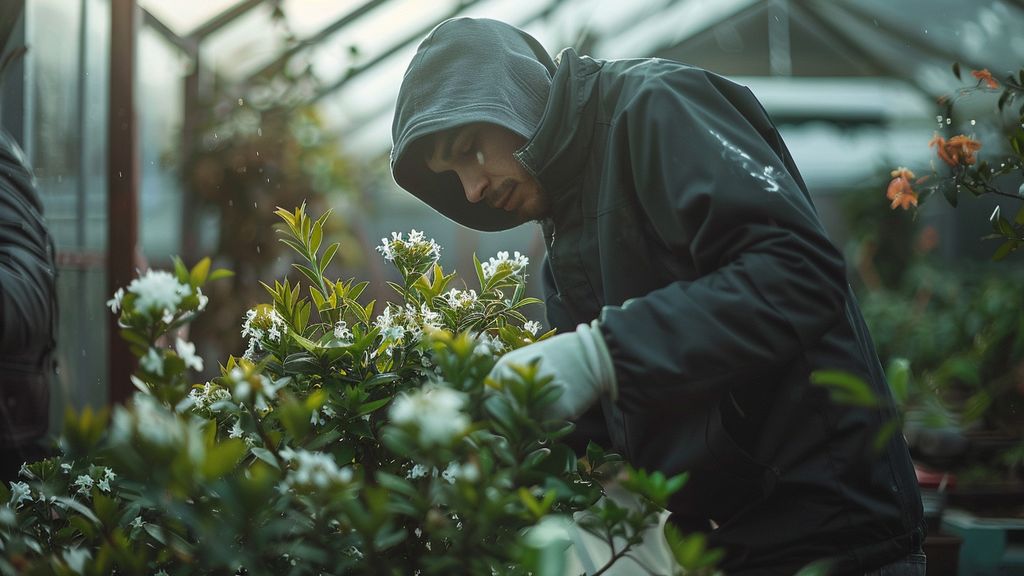 Gardener carefully wrapping jasmine plants with protective materials before the frost.