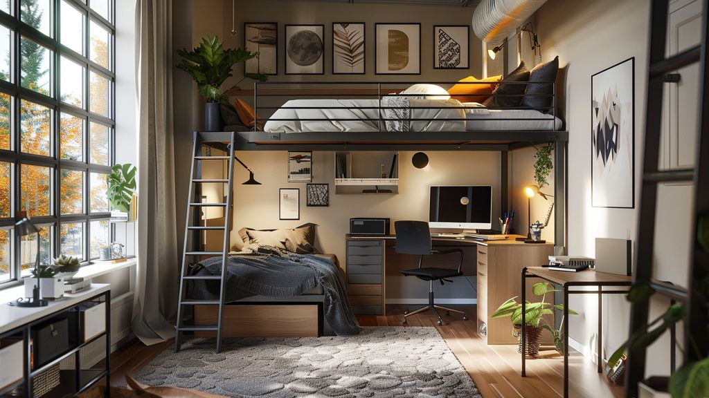 Loftstyle double loft bed with integrated desk and storage space