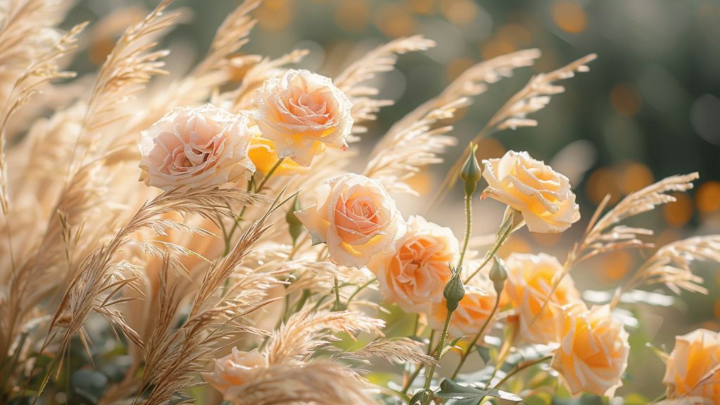 Ornamental grasses contrasting with the rigid stems of roses