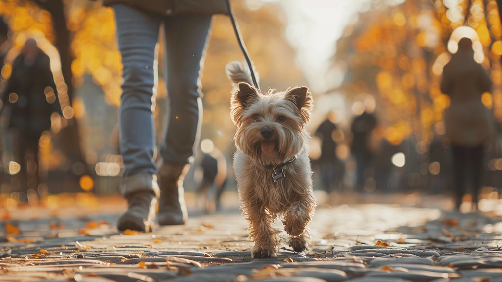 Happy owner walking a small dog in a crowded city park