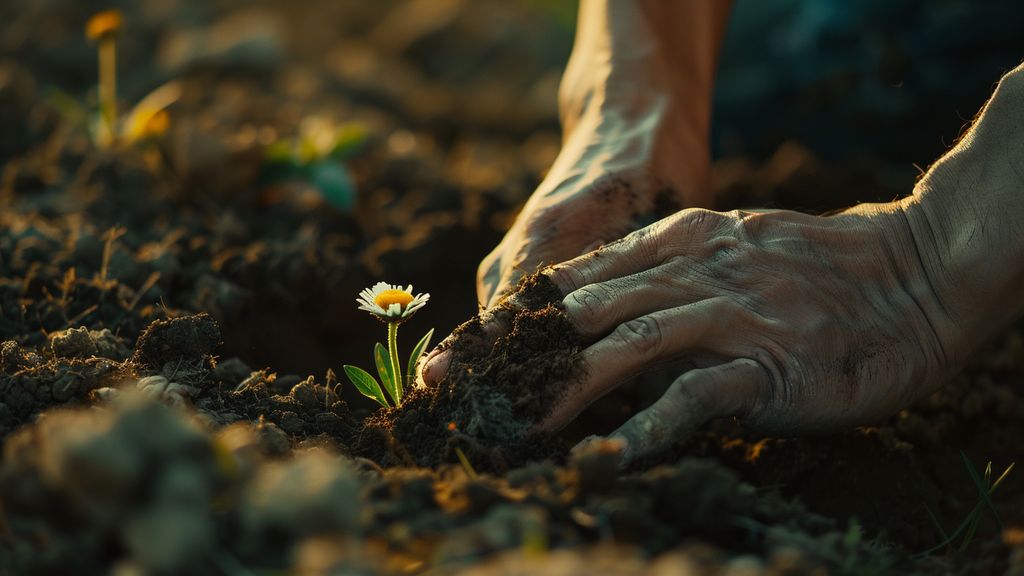 Closeup of hands planting flowers in highquality soil.